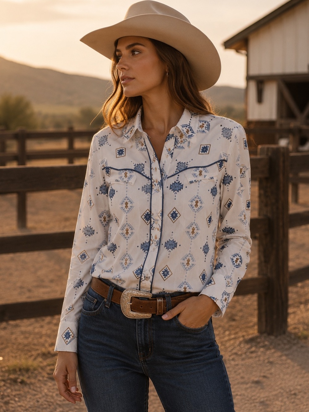 Cumberland Outfitters Western Shirt White Blue L Aztec Ranch Cowgirl Festival